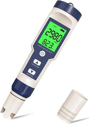 Pool Salt Tester and pH Tester,  pH Meter & Salt Meter for Pool Saltwater, 5 in 1 Digital Salinity Tester for Saltwater Aquarium Sodium Chloride Swimming Pools Hot Tubs Spas, Range 0-200ppt