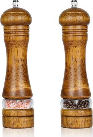 8 Inches Wood Salt and Pepper Mill Set of 2, Pepper Grinders with Transparent Window - Salt Shakers with Adjustable Ceramic Rotor, Ideal Tool for Kitchen