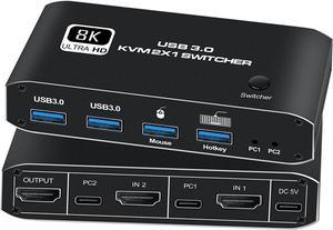 HDMI KVM Switch, 8K USB Switch 2x1 HDMI2.1 Ports + 4X USB3.0 KVM Ports, Share 2 Computers one Monitor Switch,Supports 8K 60Hz,4K 120Hz,YUV 4:4:4, HDCP 2.3, HDR 10, Hotkey