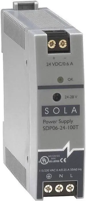 SOLA HD SDP0624100T 24VDC, Low Power, Power Supply, 47-63HZ, DC Power Supply, 0.6A, Out .6AMP, 24-28VDC, in 115/230V