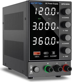 DC Power Supply Variable, Adjustable Switching Regulated Power Supply (0-120 V 0-3A) with Encoder Coarse & Fine Adjustments Knob, Beach Power Supply with USB & Type-C Quick-Charge Interface