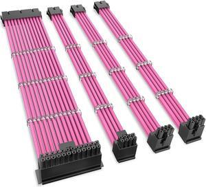 SYBECHATF Power Supply PSU Sleeved Extension Cable Kit with 90 Degree Right Angle Connector Adapter,ATX/EPS/8 Pin PCIE for PC PSU Cable Pink with Combs 4 Pack 30CM