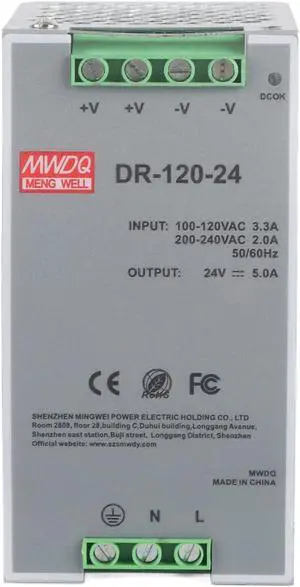 Switching Power Supply, 100~240V 24V 5A 120W AC DC Power Source Pulse Width Modulation, Single Output DIN-Rail Mount Power Supply
