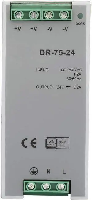 Power Supply, DR-75-24 75W Single Output 24V Din-Rail Power Supply AC/DC Switching Power Supply