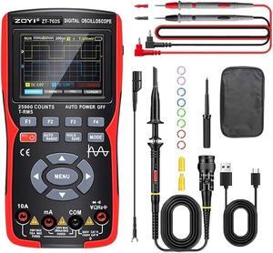 ZT-703S 3 in 1 Oscilloscope Multimeter with 3.5 Inch IPS Display,25000 Counts, Dual Channel 50MHZ Bandwidth,280MSa/s High Real-time Sampling Rate,±400V Input Voltage,Measures Ohm-Volt-Tester