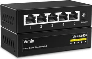 5-Port Gigabit Ethernet Switch, 5 Port 10/100/1000Mbps Network Ethernet Switch, 5-Port Ethernet Splitter Unmanaged, Metal Case, Mini Body, Fanless, Plug and Play, Wall-Mounted, VM-GS0500