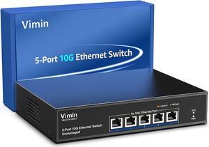 5-Port 10G Ethernet Switch Unmanaged, VIMIN 10Gbe Network Switch with Base-T RJ45 Ports Support 100M/1000M/2.5G/5G/10G Speed Auto-Negotiation, for 10G NAS Network,PC,10G NIC, WiFi7 Router,Plug & Play
