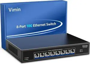 8-Port 10G Unmanaged Ethernet Switch, VIMIN 10Gbe Network Switch Support 100M/1000M/2.5G/5G/10G Speed Auto-Negotiation, for 10G NAS Network, Plug & Play, 160Gbps Switching Capacity