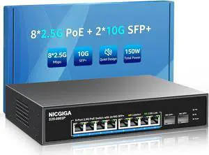 8 Port 2.5G PoE Switch Unmanaged with 8 Port 2.5Gb Base-T PoE+@130W + 2 x 10G SFP+ Uplink, NICGIGA 10 Port 2.5Gbe IEEE802.3af/at Power Over Ethernet Switch, Support WiFi6 AP, NAS, 4K PoE Camera NVR.