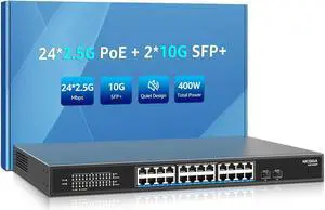 24 Port 2.5G PoE Switch Unmanaged with 24 Port 2.5Gb Base-T PoE+@400W + 2 x 10G SFP+ Uplink, NICGIGA 26 Port 2.5Gbe IEEE802.3af/at Power Over Ethernet Switch, Support WiFi6 AP, NAS, 4K PoE Camera NVR.