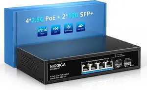 4 Port 2.5G PoE Switch Unmanaged with 4 x 2.5Gb Base-T PoE+@78W + 2 x 10G SFP Uplink, 2.5Gbe IEEE802.3af/at Power Over Ethernet Switch, Support WiFi6 AP, NAS, 4K PoE Camera NVR.