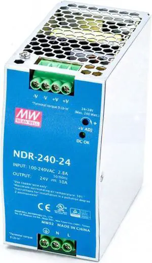 NDR-240-24 24V 10A 240W DIN Rail Power Supply with PFC - High Efficiency and Reliability for Industrial Applications, Robotics, Process Automation, and Machine Control Systems