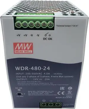 WDR-480-24 480W 24V 20A Heavy Duty DIN Rail Power Supply - Reliable Performance in Remote & Unstable Power Environments - 92% Efficiency, Wide Input Range 180-550VAC