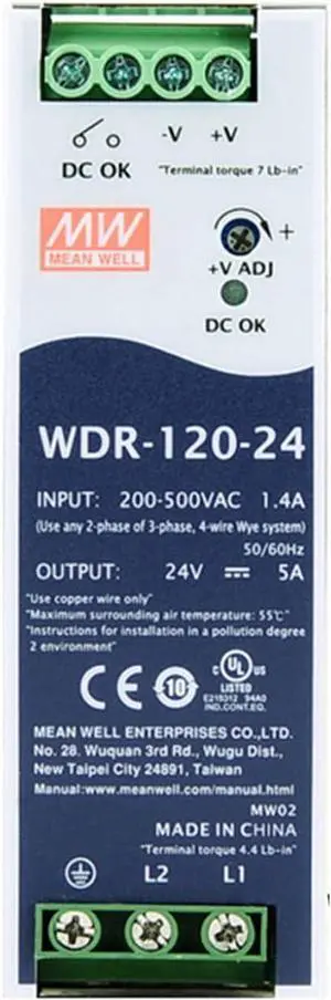 WDR-120-24 24V 5A 120W 91% High-Efficiency Rail Mount Power Supply, 180-550VAC Wide Input, UL 508 Certified, 4-in-1 Protection with DC OK Relay