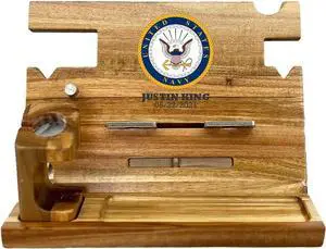 Froolu Custom Military Retirement Gifts for Navy Military Men - Wood Phone Docking Station for him - Nightstand Organizer Cell Phone Stand Watch Holder Wallet Station Desk Organizers