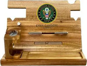 Froolu Custom Army Gifts for Men - Wood Phone Docking Station for Him - Nightstand Organizer Cell Phone Stand Watch Holder Wallet Station Desk Organizers - Retirement, Birthday, Graduation