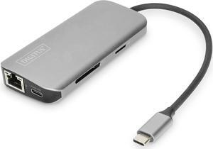 Digitus 8-Port USB-C Dock, 2xUSB3.0, 1xRJ45, 2xHDMI, 1xPD, 1xMicro SD, 1xSD, Grey