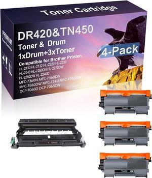 4 Pack (Black) Compatible MFC-7360N MFC-7460DN MFC-7860DW Laser Printer Cartridge Drum Unit Replacement for Brother DR420 TN450 Laser Printer Toner Cartridge (Drum, 3-Toner)