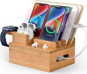 Phone Docking Station for Multiple Devices, Electronic Organizer Stand Box- for Cell Phones, Tablets, Watches, with 6 Cables, Bamboo (No Power Charger)