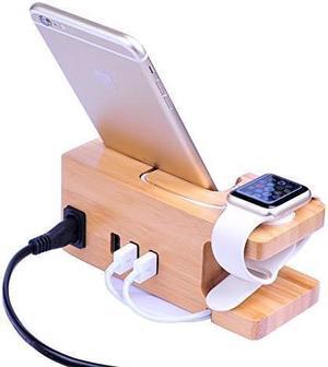 AICase Bamboo Wood USB Charging Station, Desk Stand Charger, 3 USB Ports 3.0 Hub, for iPhone 7/7Plus/6s/6/Plus/5s & 38mm/42mm Suitable for Apple Watch, Samsung & Most Smartphones (Bamboo Wood)