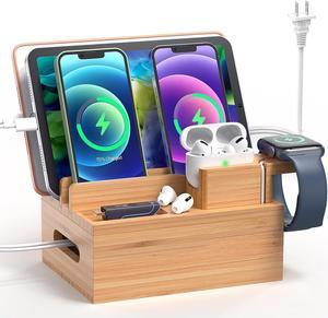 Bamboo Charging Station for Multiple Device (Included 5 Port USB Charger, 6 Charging & Sync Cables, Watch & Earbud Stand), Pezin & Hulin Desktop Phone Docking Station Organizer