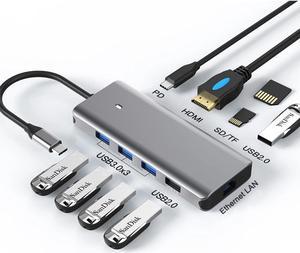 navor 10-in-1 USB C Hub, USB Type-C Dongle with HDMI, 5 USB Ports, PD, TF/SD Card Slot, RJ45 LAN Port, Compatible with Mac OS, Thunderbolt 3/4, Windows, Samsung, Huawei, Linux and More