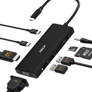 USB C Hub Multiport Adapter for MacBook Pro/Air, USB C to HDMI 4K@30Hz, USB C Dongle 9 in 1 with VGA, USB-C Port, PD Charging, Audio Port and SD/TF Card Reader for HP Dell XPS or Other Type C Laptops