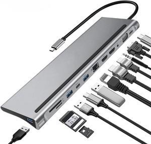 12 in 1 USB-C Docking Station with 4K Display, HDTV and VGA Adapter for Multi-Port Monitor Setup.