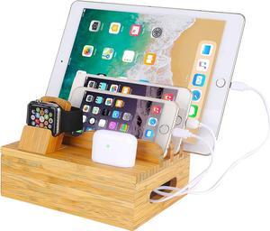 Bamboo Wood Desktop Organizer Charging Docking Station Charger Holder Cradle Charge Stand compatible with iPhone 13 12 Pro Max iPad Apple Watch 3 4 / iWatch 38 & 42mm AirPods & AirPods Pro Smartphones