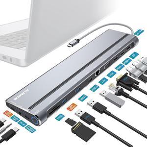 USB C Docking Station Dual Monitor, 14 in 1 Laptop Docking Station Stand with Dual HDMI, DP, VGA, Gigabit Ethernet, PD 3.0, USB A Ports, SD/TF Slots, Audio, Power On/Off Button