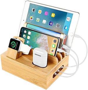 Bamboo Charging Station Dock for 4/5 / 6 Ports USB Charger with 5 Charging Cables Included, Desktop Docking Station Organizer for Cellphone, Smart Watch,Tablet (No Power Supply)