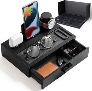 Nightstand Organizer For Men - Unique Birthday Gift - Wood Phone Docking Station to Charge Your Phone & Earbuds - Wood Charging Station with Lined Tray & Drawer - Mens Docking Station
