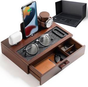 Nightstand Organizer For Men - Unique Birthday Gift - Wood Phone Docking Station to Charge Your Phone & Earbuds - Wood Charging Station with Lined Tray & Drawer - Mens Docking Station