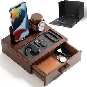 Nightstand Organizer for Men - Wood Phone Docking Station to Charge Your Phone and Organize Your Watch & Accessories - Wood Charging Station with Lined Tray & Drawer - Mens Docking Station Organizer