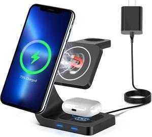 Magnetic Wireless Charger Station 3-in-1, GOYERRNES 15W Fast Mag-Safe Charging Stand with QC3.0 Adapter, Qi-Certified for iPhone 14/13/12, iWatch 7/6/SE/5/4/3/2, AirPods 3/2/ Pro and Samsung Series