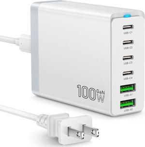 Charging Station Total 100W 6-Port USB C Charger Block 4 USB-C and 2 USB-A Ports Fast Phone Chargeur Power Adapter for iPhone 14 Pro Max, iPad, Samsung Galaxy, Pixel Multiport Hub Dock (White)