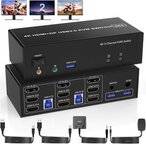 USB 3.0 2 HDMI + DisplayPort 3 Monitors KVM Switch 2 Computers, 4K@60Hz Triple Monitor KVM with Audio Microphone Output and 3 USB 3.0 Ports, KVM Triple Monitor Keyboard Mouse Switcher