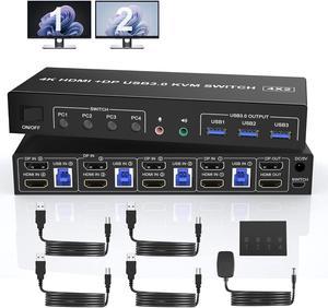 USB 3.0 Displayport+HDMI Dual Monitor KVM Switch for 4 PCs, 4K 60Hz KVM Switch 2 Monitors 4 Computers, with Audio Microphone Output and 3 USB 3.0 Ports, HDMI+DP Monitor Switch for 4 PCs 2 Monitors