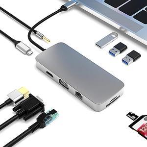 USB C Hub 10 in 1 Docking Station, with SD/TF Card Port, HDMI 4K Port, USB A 3.0 / USB A 2.0 Port, USB C (Type c) Port, Ethernet RJ45 Port, VGA Port, Audio 3.5 Port