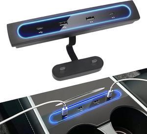 Foruly for 2021 2022 2023 Tesla Model Y 3 Accessories Docking Station 4 in 1 USB LED Hub, Compatible Docking \u200bStation \u200bof Center Console Smart Sensor for Tesla Black