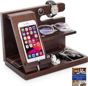 Peraco Wood Phone Docking Station and Mens Nightstand Organizer - Valet Tray Charging Station - Wood Docking Station for Men - Mens Docking Station and Organizer