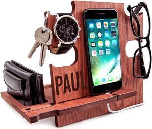 Greta Oto Personalized Wood Phone Docking Station Gift For Men Bedside Nightstand Charging Station Organizer Mens Accessories Phone Stand Anniversary Birthday Gifts For Dad Him Husband