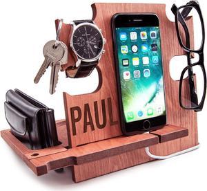 Personalized Gifts for Men, Cell Phone Stand, Wooden Desk Organizer, Phone Dock - Nightstand Charging Station, Phone Holder, Gift Ideas for Christmas, Birthday, Anniversary (Cherry)