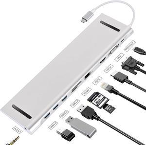 USB Type C Hub, Tsemy USB C Docking Station 10-in-1 with 4K HDMI Port RJ45 Ethernet, 3 USB Ports, SD/TF Cards Reader, PD USB-C Charging Port, Audio/Mic for MaBook/Pro/Air, Type C Windos Laptops