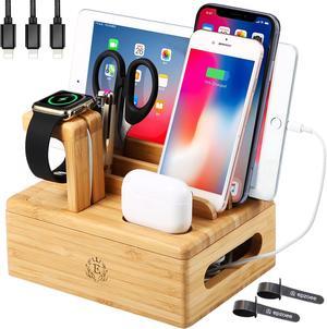 Bamboo Charging Stations for Multiple Devices, Upgrade Desk Docking Station Organizer for Cell Phones, Tablet, AirPods, iWatch Stand Gift for Love