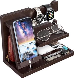 Yirilan Wood Phone Docking Station, Nightstand Organizer, Cell Phone Stand, Watch Holder, Wallet Station, Gifts for Men, Husband Anniversary, Dad Birthday, Fathers Day Present-Brown