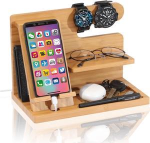 Wood Cell Phone Charge Docking Station Ash Key Wallet Holder Watch Stand Glasses Holder Purse Organizer Nightstand Men Husband Wife Anniversary Dad Birthday Gift Father Male Graduation Idea Gadgets