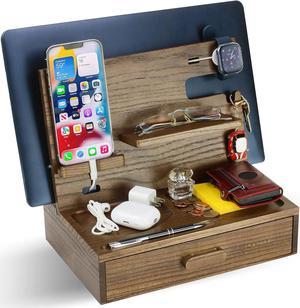 Wood Phone Docking Station for Men and Women with Drawer, Stylish Nightstand Organizer for Men, Wood Docking Station, Husband Gift, Gadgets, Watch, Wallet, Key, and Cell Phone Holder (Walnut)