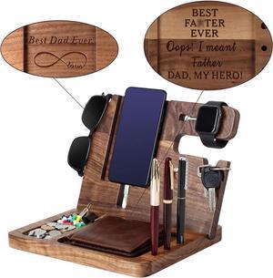 Ideas for Dad -Wooden Phone Docking Station, Personalized Idea, Custom Engraved Nightstand Organizer with Phone Charge Station, Watch, Key, Wallet Stand, Best Presents for Father's Day, Birthday