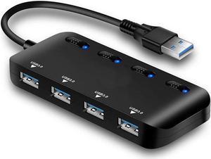 USB 3.0 Hub Docking Station USB Extender One for Four USB Ultra-Thin Data Hub Notebook Desktop Computer External Independent Power Switch and LED Black